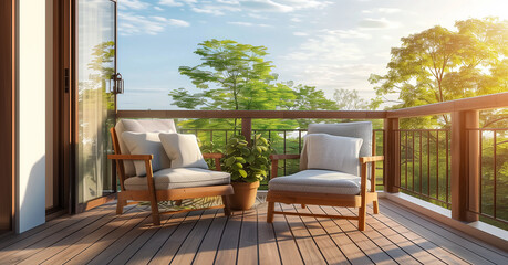 A serene and inviting outdoor oasis featuring a comfortable wicker armchair, a round ottoman, and lush potted plants.