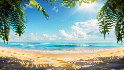 Fototapeta premium A stunning tropical beach scene with clear blue skies and palm trees, perfect for vacation and travel inspiration.