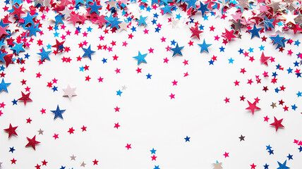 A vibrant and festive image of red, white, and blue confetti stars scattered across a white background. Perfect for celebrating Independence Day, Memorial Day,