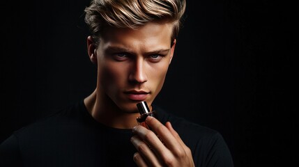 attractive young man using perfume against a dark background