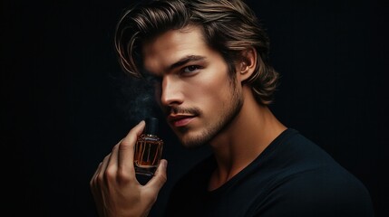 attractive young man using perfume against a dark background