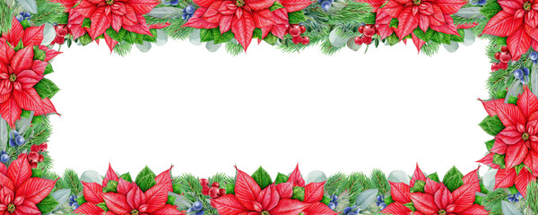 Christmas time floral frame decor. Vintage style illustration. Winter season bright decoration from conifer, eucalyptus, poinsettia flower, juniper. Winter festive frame in traditional colors