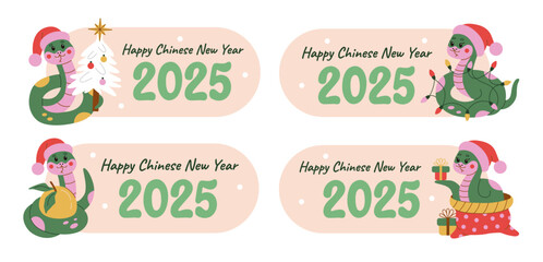 Cute set of festive banners for Chinese New Year 2025 featuring adorable snakes in Santa hats and festive elements in flat style. Ideal for holiday greetings, web designs, and seasonal marketing.