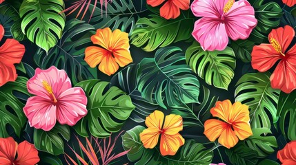 seamless pattern with hand-drawn compositions of tropical flowers