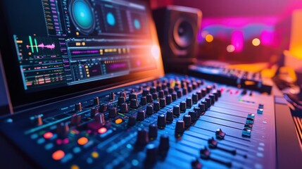 Control desk for a modern music recording studio featuring a laptop screen displaying the digital audio workstation software's user interface. Mixer, Professional Equipment, and Equalizer.