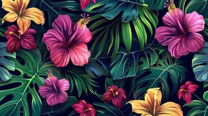 seamless pattern with hand-drawn compositions of tropical flowers