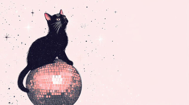 Black cat seeting on disco ball party style