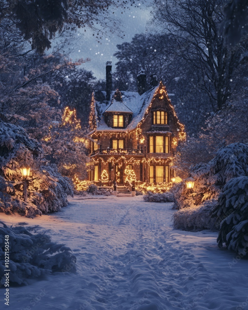 Poster A snow-covered Victorian house with twinkling lights on a winter evening.