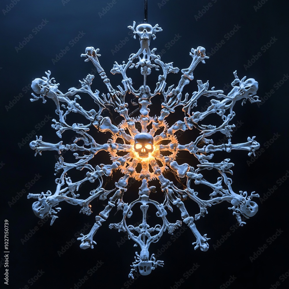 Canvas Prints A snowflake shape formed by skeletal bones with a glowing skull in the center.