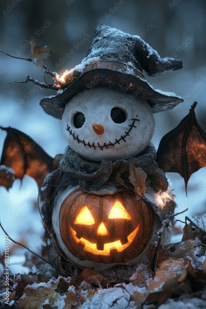 Sticker A snowman with a pumpkin head, a witch hat, and bat wings stands in the snow.