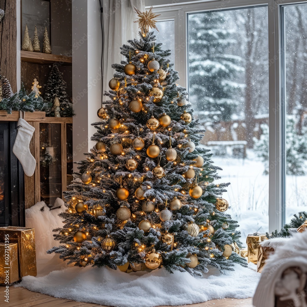 Poster A snowy Christmas tree with gold ornaments and string lights in a cozy living room.