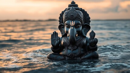 Intricately carved statue of an elephant-headed deity sitting in water at sunset with detailed ornamentation visible on the statue.