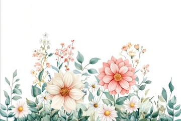 Abstract watercolor dahlia flowers, daisy and leaves and wild flowers at footer background, pastel color 