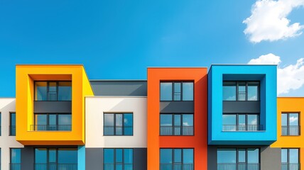 Obraz premium Futuristic Urban Architecture with Colorful Blocks - Contemporary Building Facade Design with Copy Space for Text,3D illustration