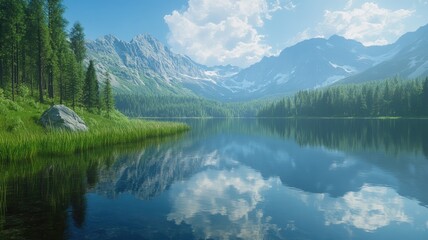 Fototapeta premium Serene mountain landscape reflecting in a tranquil lake under a clear blue sky during midday