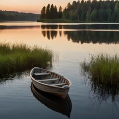 Obraz premium A serene sunset over a calm lake, with the sky's colors reflecting in the water. 