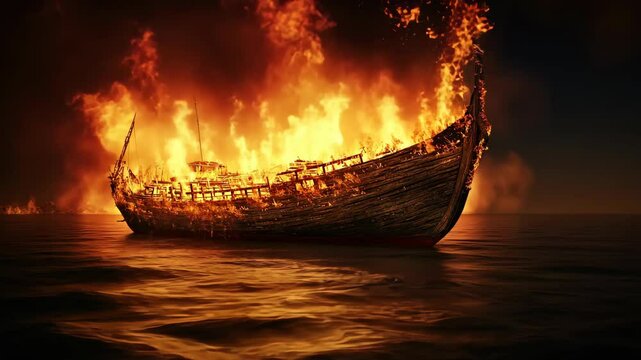 A wooden boat engulfed in flames floats on the water at night
