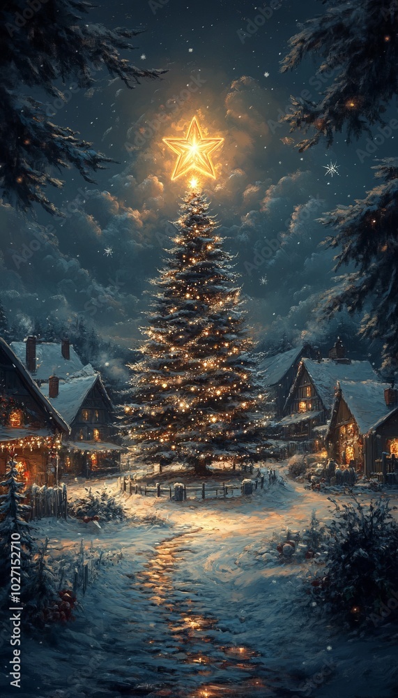 Wall mural A snowy village scene with a tall Christmas tree lit up with golden lights.