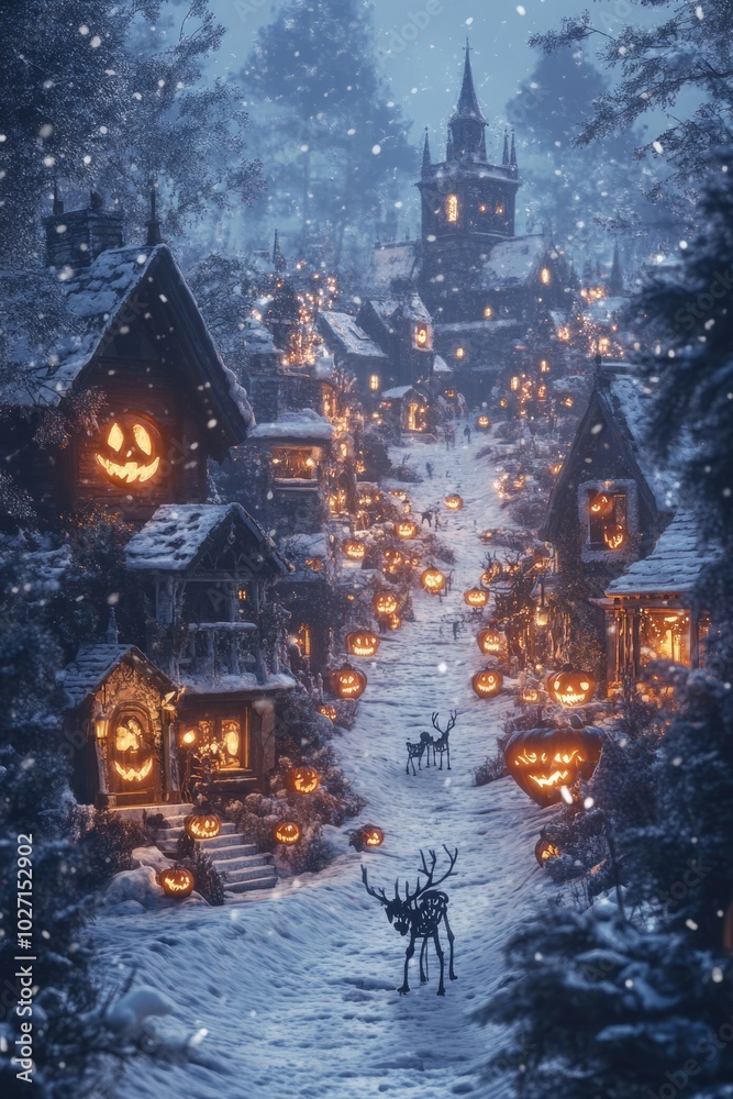 Canvas Prints A snowy village street lit with jack-o'-lantern lights and a lone deer.