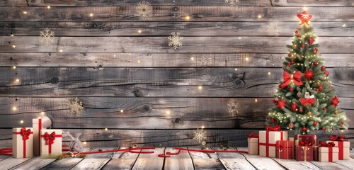 Festive Christmas Tree with Gifts on Wooden Background
