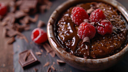 Close-up of Chocolate Cr&egrave;me Br&ucirc;l&eacute;e: rich chocolate custard infused with dark chocolate, topped with a caramelized sugar crust, garnished with raspberry coulis and chocolate shavings.