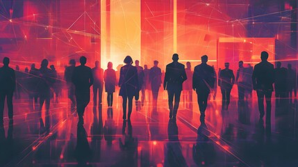 Silhouetted figures walking through a glowing, red, abstract cityscape