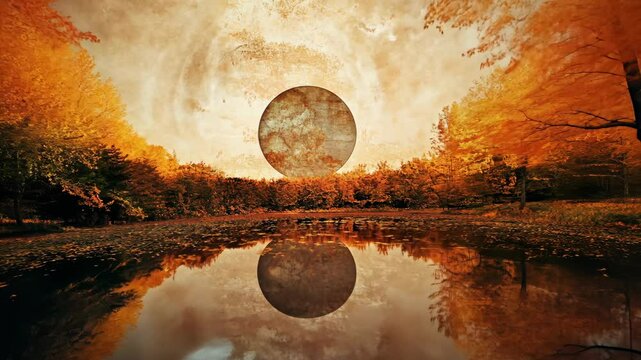 A large, orange moon hangs in the sky over an autumn forest, its reflection mirrored in a still pond