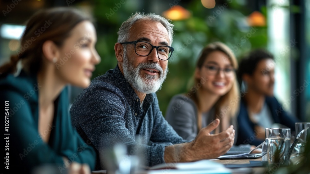 Poster a man with glasses is sitting at a table with a group of people