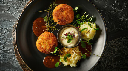 Top-down view of Duck Confit Croquettes on a plate, featuring golden-brown croquettes filled with shredded duck confit and mashed potatoes, served with dipping sauce and microgreens.