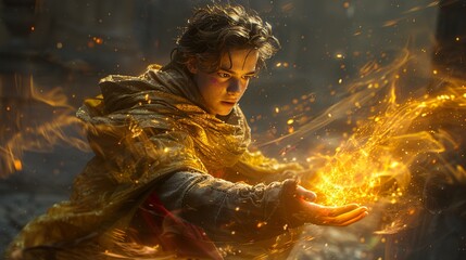 Naklejka premium Young Wizard Casting a Fire Spell - Fantasy Art