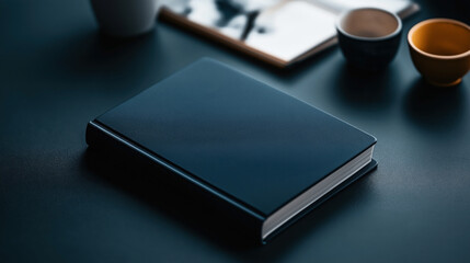 Black hardcover book titled with yellow text on a dark table next to colorful small bowls and a blurred background