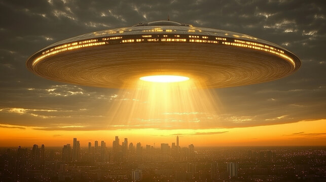UFO Hovering Majestically Over City Skyline at Golden Sunset - Powered by Adobe