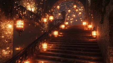 A stone staircase with ornate railings leading up to an archway. The staircase is lit by lanterns and glowing orbs.