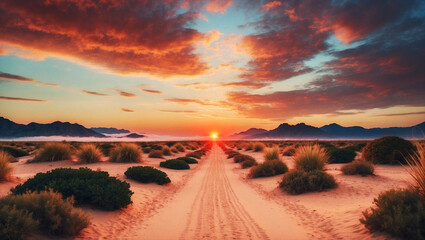 Naklejka premium Majestic desert scene with golden sunlight reflecting on sandy dunes, shrubs, and mountains in the distance