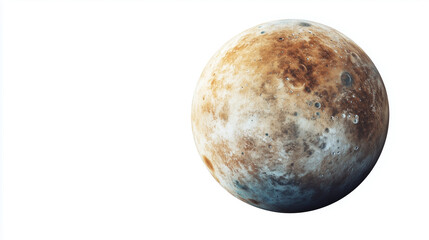 Obraz premium An illustration of a planet resembling Mercury with clear details of craters on its surface. The spotted relief with shades of brown, beige, and blue creates a realistic view of the planet on a white