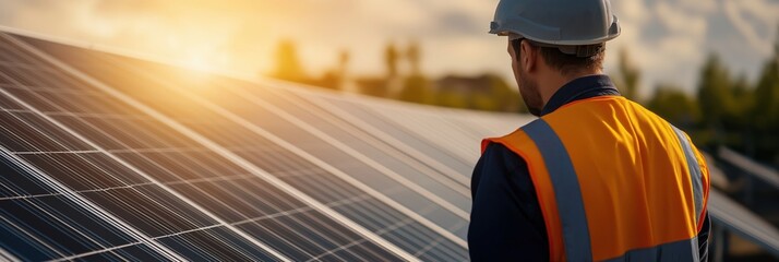 An engineer wearing safety gear inspects solar panels on a rooftop during a bright sunny day, symbolizing renewable energy and environmental responsibility.