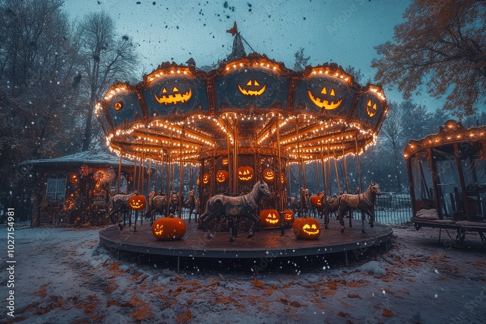 Poster A spooky carousel decorated with jack-o'-lanterns stands in the snow.