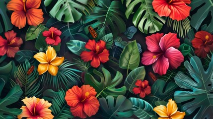 seamless pattern with hand-drawn compositions of tropical flowers