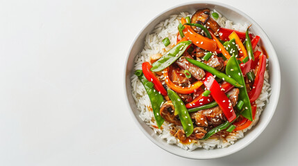 Duck Confit Stir-fry on a clean white background, featuring duck confit, bell peppers, snap peas, shiitake mushrooms, soy sauce, jasmine rice, and sesame seeds.
