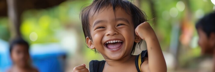 A young child joyfully laughs with fists raised in a lively setting. The joyful expression highlights childhood innocence and the universal language of happiness.