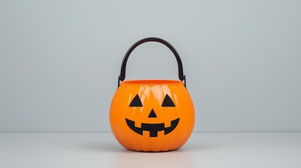 Halloween candy bucket, with a simple round shape and a smiling face, placed on a flat surface.