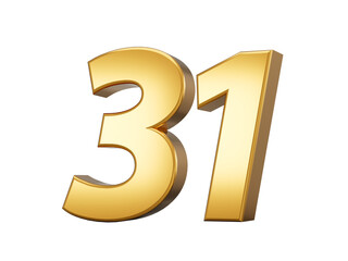 Golden metallic Number 31 Thirty one, White background 3d illustration
