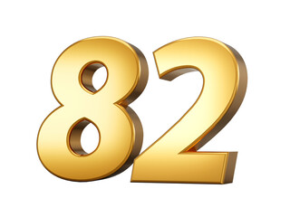 3d Shiny Gold Number 82, Eighty Two 3d Gold Number Isolated On White Background, 3d illustration
