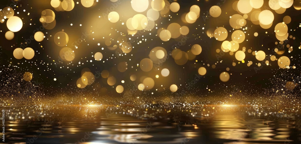 Canvas Prints Golden Bokeh Lights with Reflective Water Surface