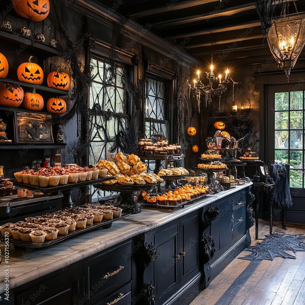 Poster A spooky Halloween buffet table with assorted desserts and pumpkins.