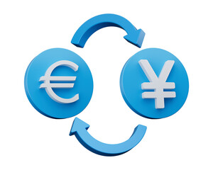 Fototapeta premium 3d White Euro And Yen Symbol On Rounded Blue Icons With Money Exchange Arrows, 3d illustration 