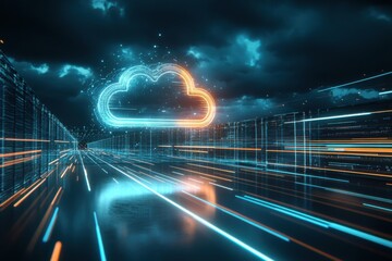 A cloud is projected on a city street with bright lights and reflections