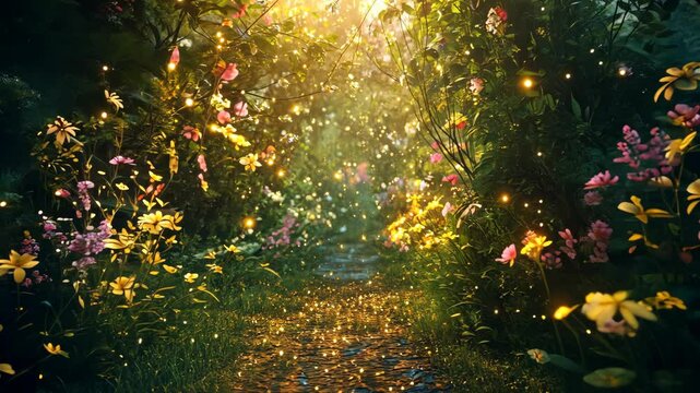 A magical forest path illuminated by fireflies at dusk