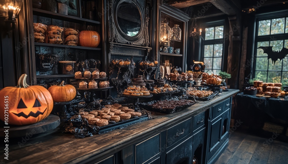 Wall mural A spooky Halloween dessert table with carved pumpkins, black lace, and a variety of treats.