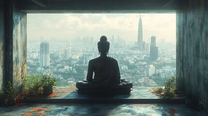 Buddha figure in the opening of a block overlooking a futuristic city. Buddhism, meditation and preservation of cultural heritage concept. Cyberpunk illustration for wallpaper, poster